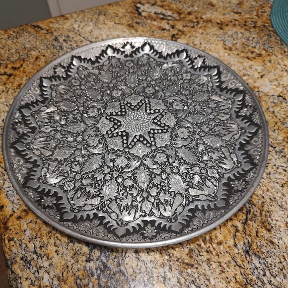 Vintage Handmade Vintage Middle Eastern Round Silver Tray Floral Design - Picture 2 of 16